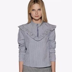 Avec Les Filles Ringo Pinstripe Ruffle‎ Bib Blouse Medium Victorian Eduardian